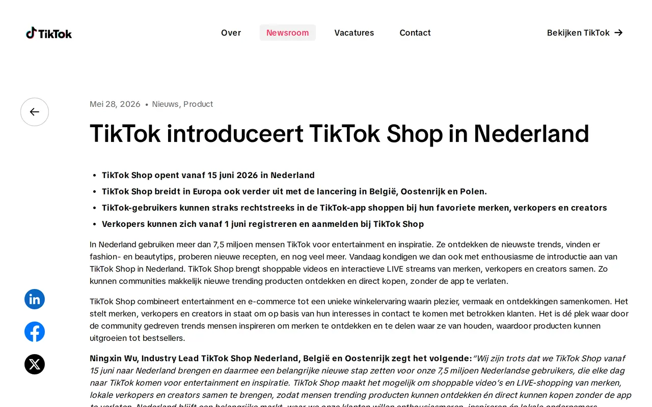 TikTok Shop België: het bericht TikTok introduceert TikTok Shop in Nederland in de TikTok Newsroom, met de lancering in België, Oostenrijk en Polen