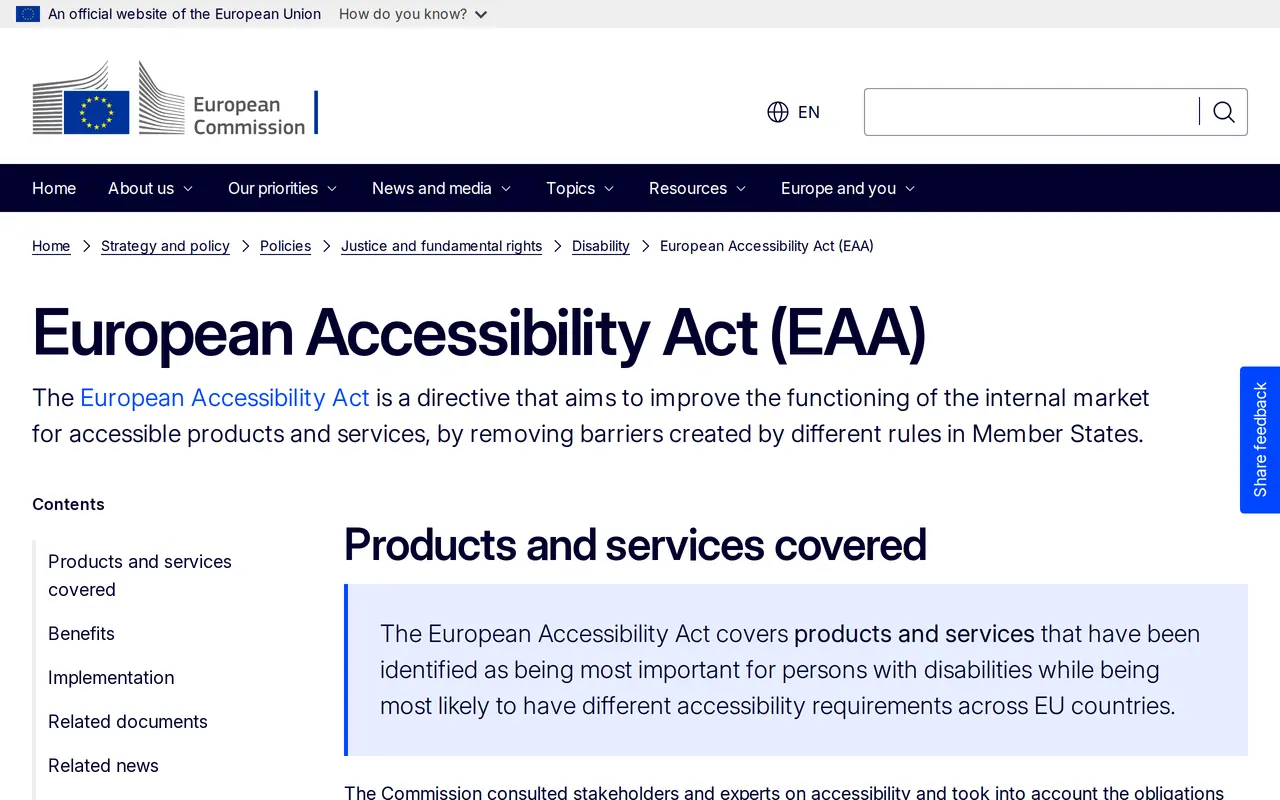 EU accessibility law: the European Commission page on the European Accessibility Act, with the section on products and services covered
