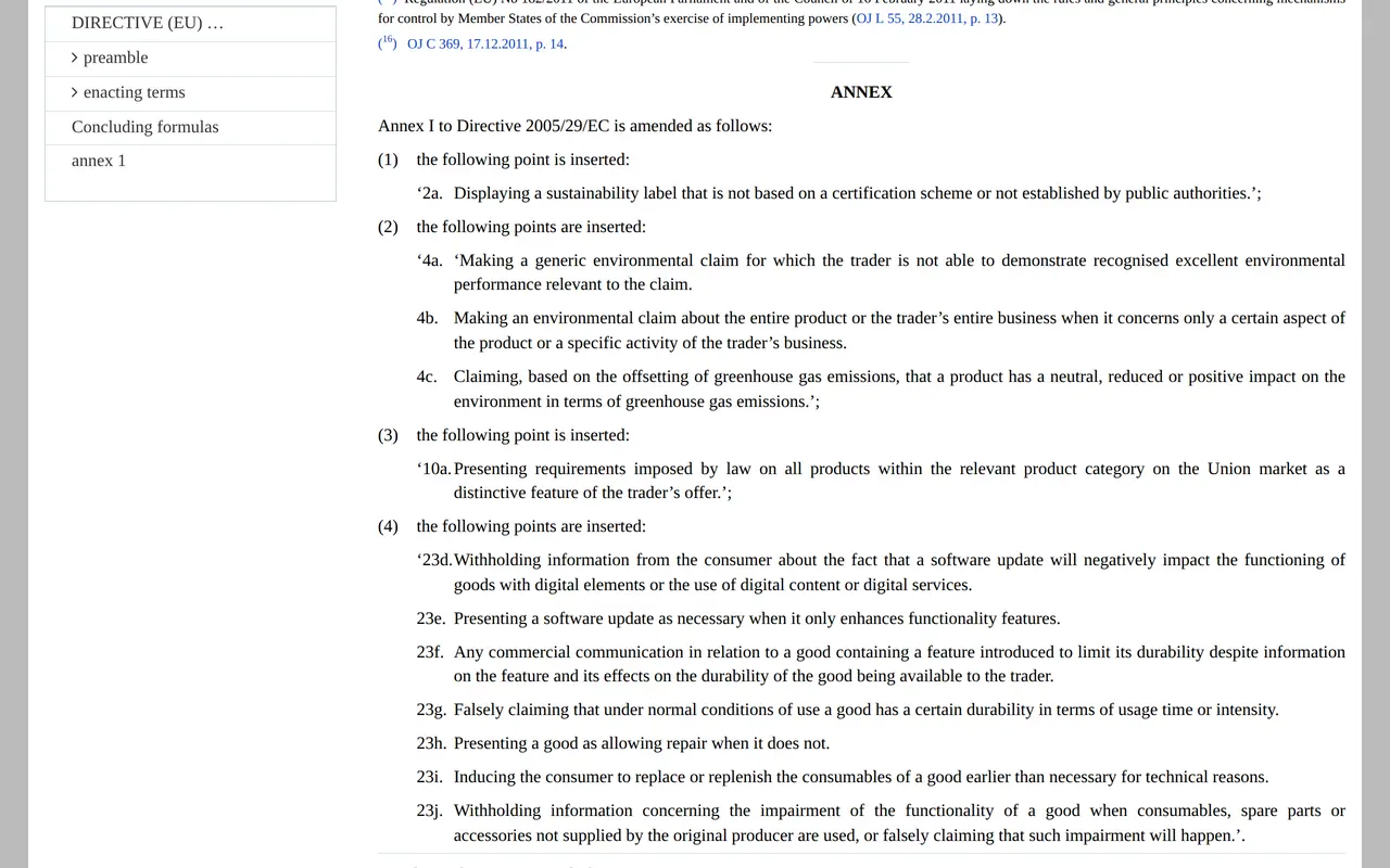 EU ban on generic green claims: the annex of Directive (EU) 2024/825 on EUR-Lex, listing the new banned practices such as generic environmental claims and offset-based neutrality