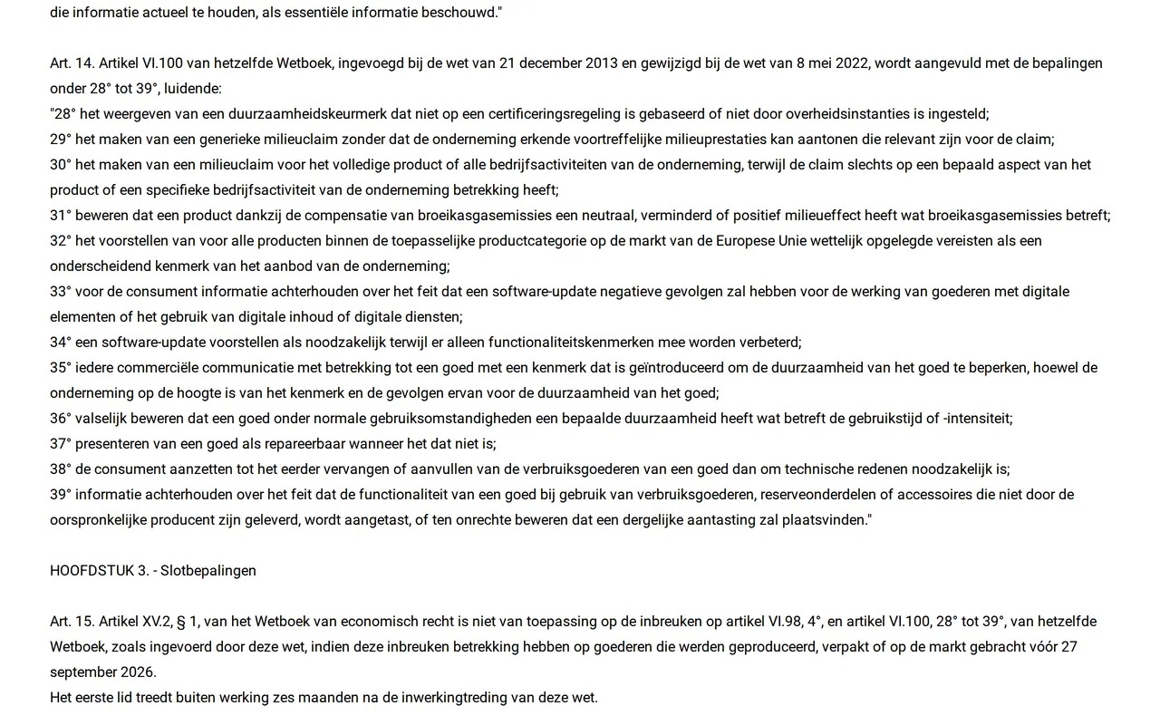 Greenwashing wetgeving: de wet van 22 juli 2026 in het Belgisch Staatsblad, met de nieuwe verboden in artikel VI.100 van het Wetboek van economisch recht