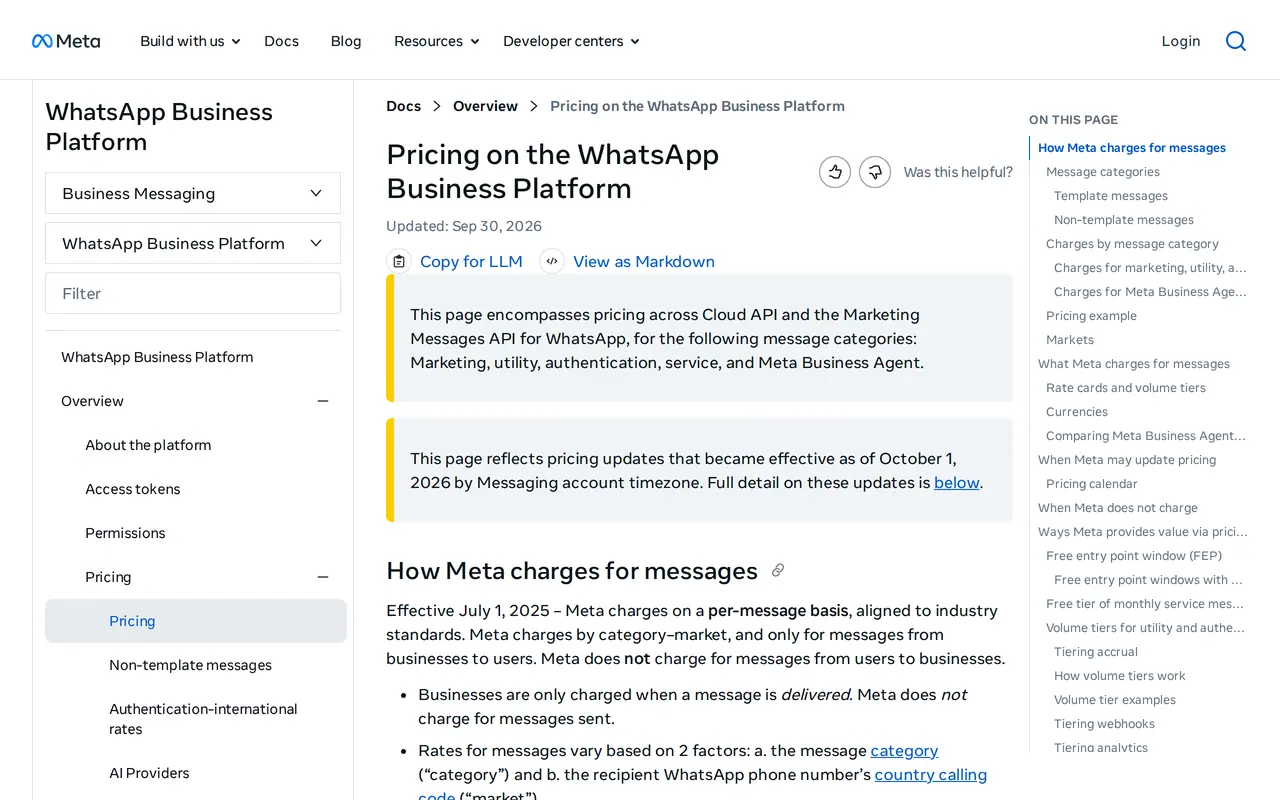 WhatsApp Business pricing: the Pricing on the WhatsApp Business Platform page on Meta for Developers, explaining per-message charges