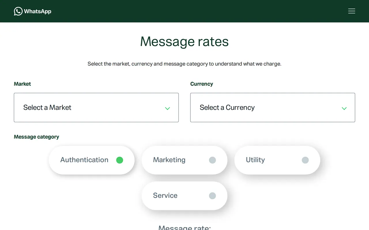 WhatsApp Business prijzen: het blok Message rates op de prijspagina van WhatsApp, met de keuze van markt en munt en de soorten authenticatie, marketing, utility en service