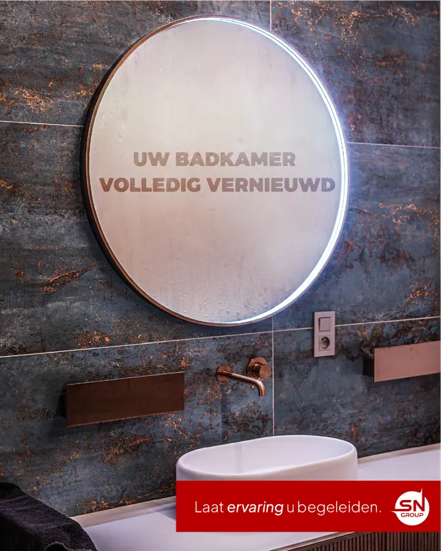 Een social-mediapost van SN Group over een volledig vernieuwde badkamer: met een UTM-code in de link meet je welke post bezoekers naar je site stuurt