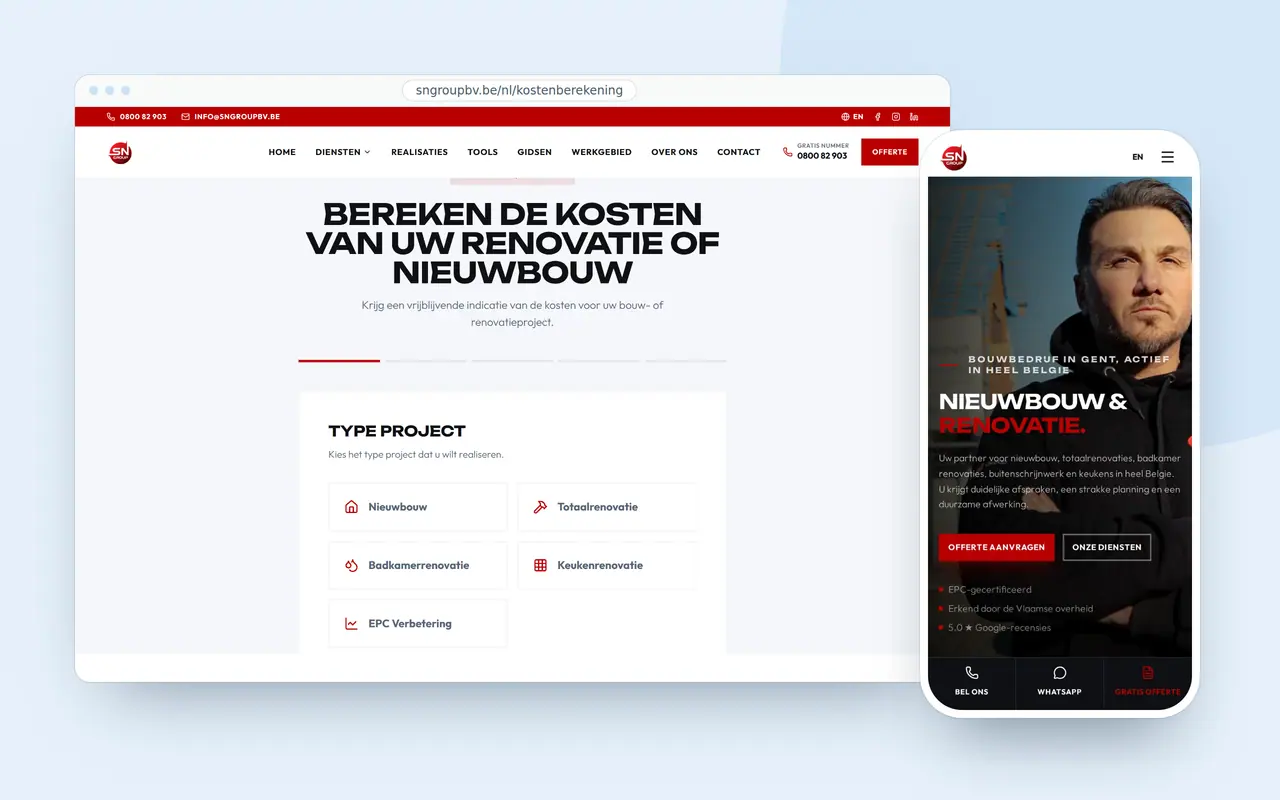 The SN Group cost calculator in a browser, a page that answers one question, and their site on a phone