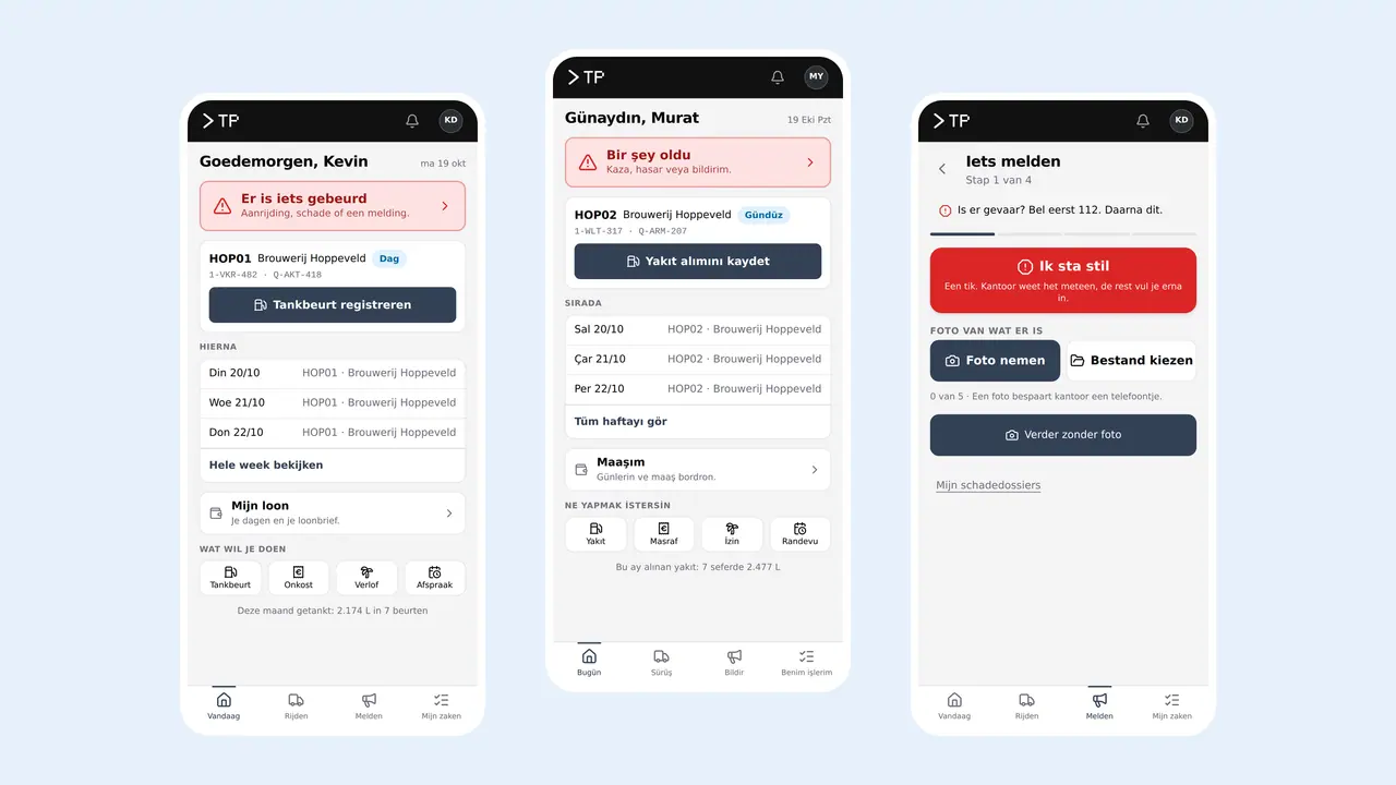 Three screens of the DA Logistics driver app side by side, with demo data