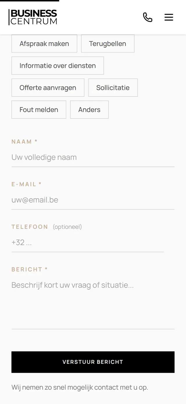 The business-centrum.be contact form on a phone: subject, name, email, phone and message