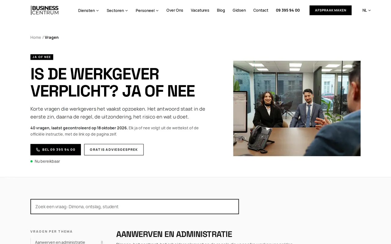 De pagina met vragen van werkgevers, elk met ja of nee