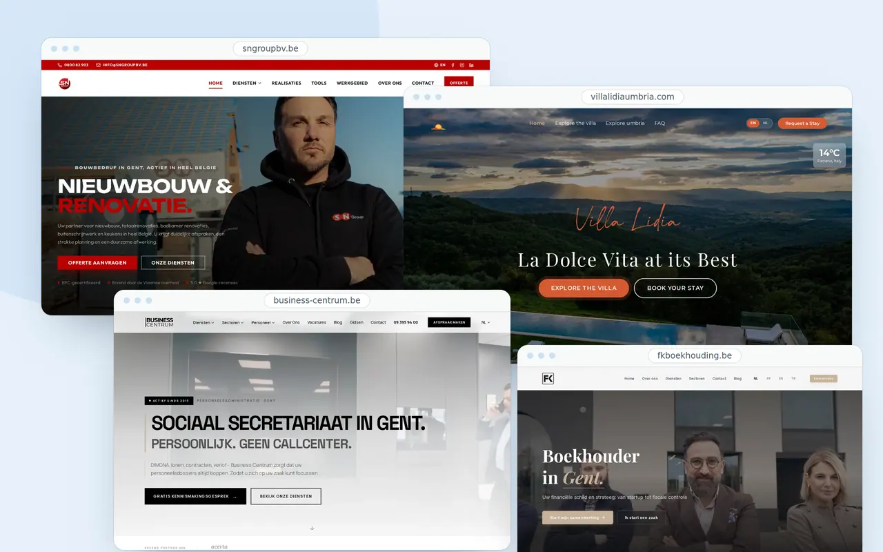 Sites for SN Group, Villa Lidia, Business Centrum and FK Boekhouding side by side