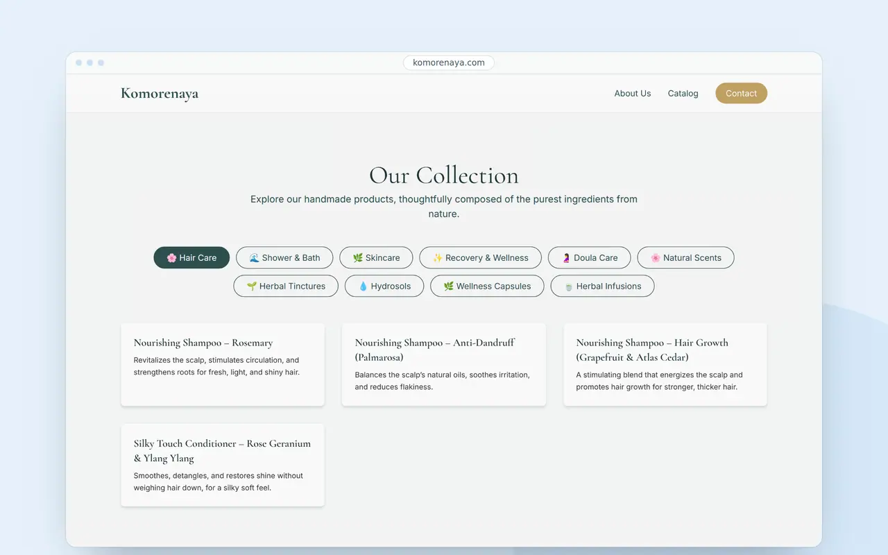 The Komorenaya collection in a browser: kinds of care as buttons, every product with its own title and text