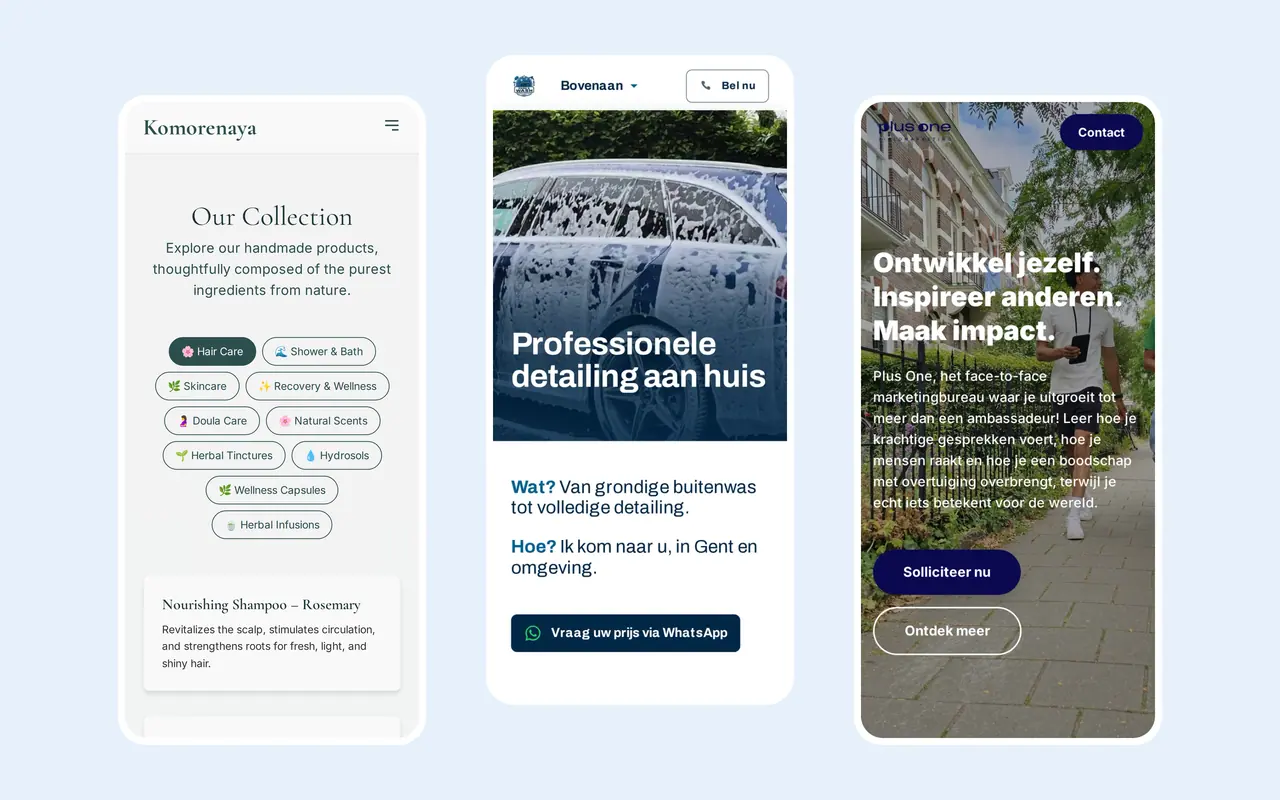 Three of our sites on a phone: the Komorenaya catalogue, Park & Wash and Plus One