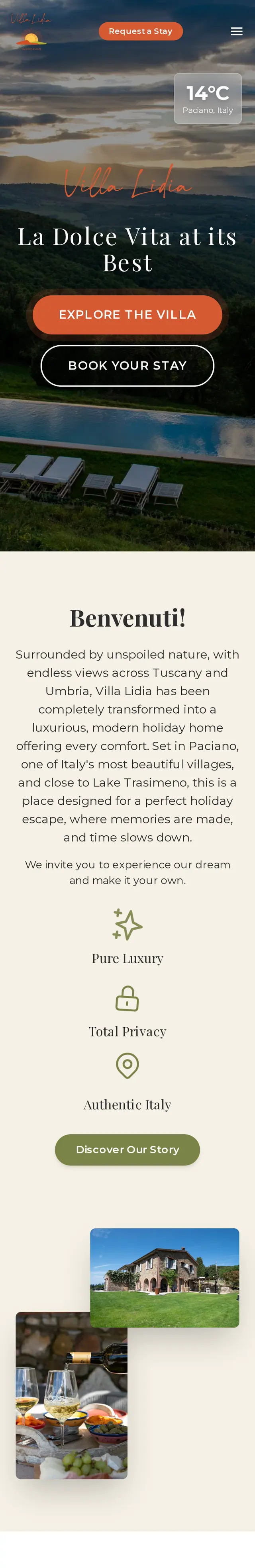 The Villa Lidia home page on a phone, with the pool above the hills and the Book your stay button