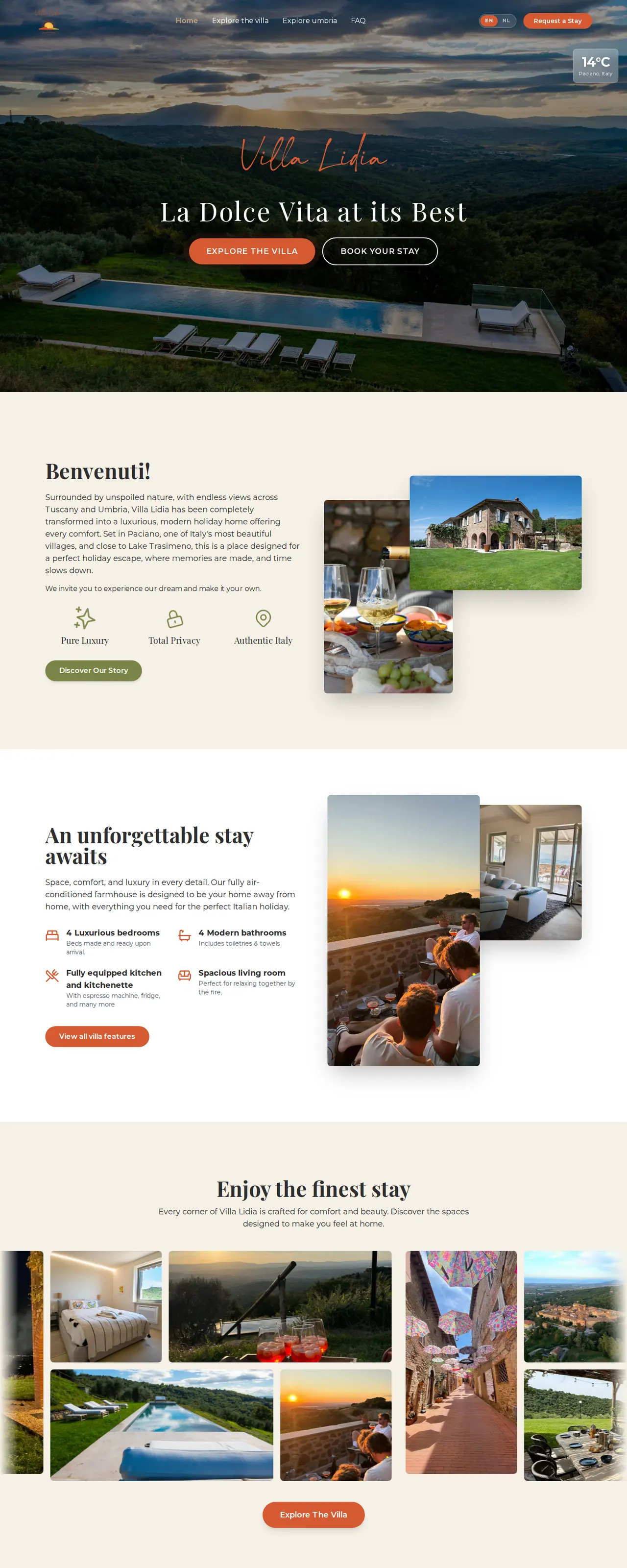 The English home page of villalidiaumbria.com from top to bottom, with rooms, prices and a request form, a site we built