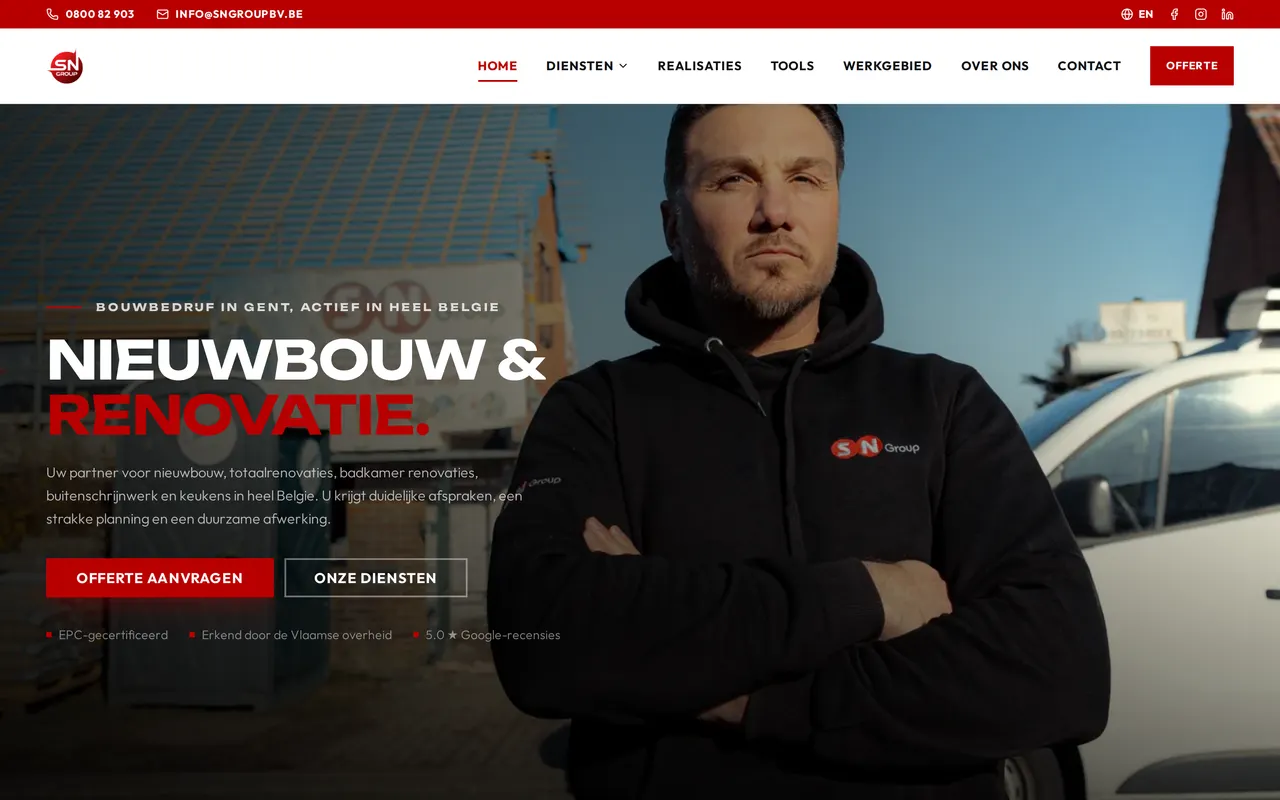 The sngroupbv.be homepage on a screen