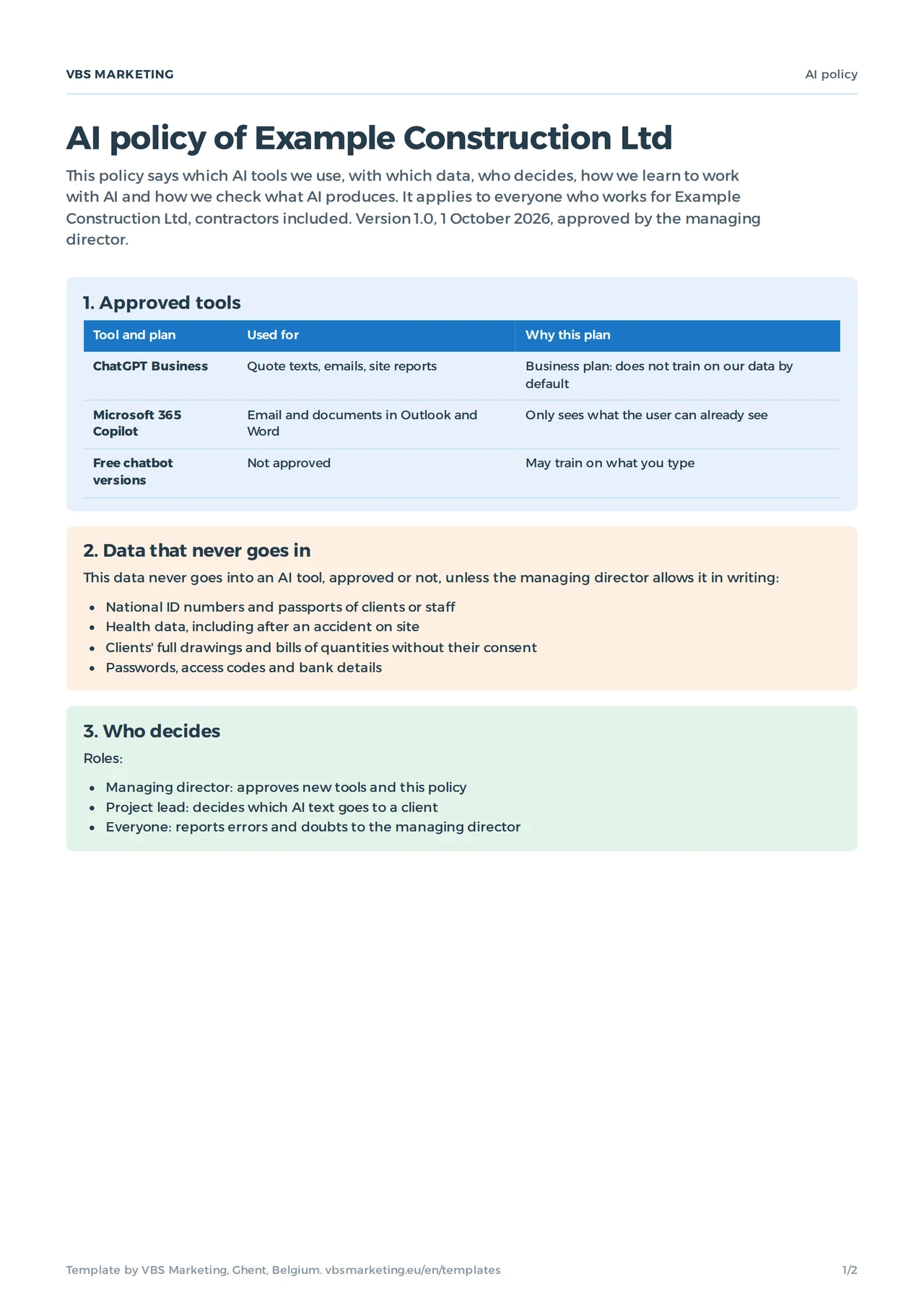 Page one of the filled-in AI policy of a fictional construction company: approved tools, data that never goes in and who decides, in coloured blocks