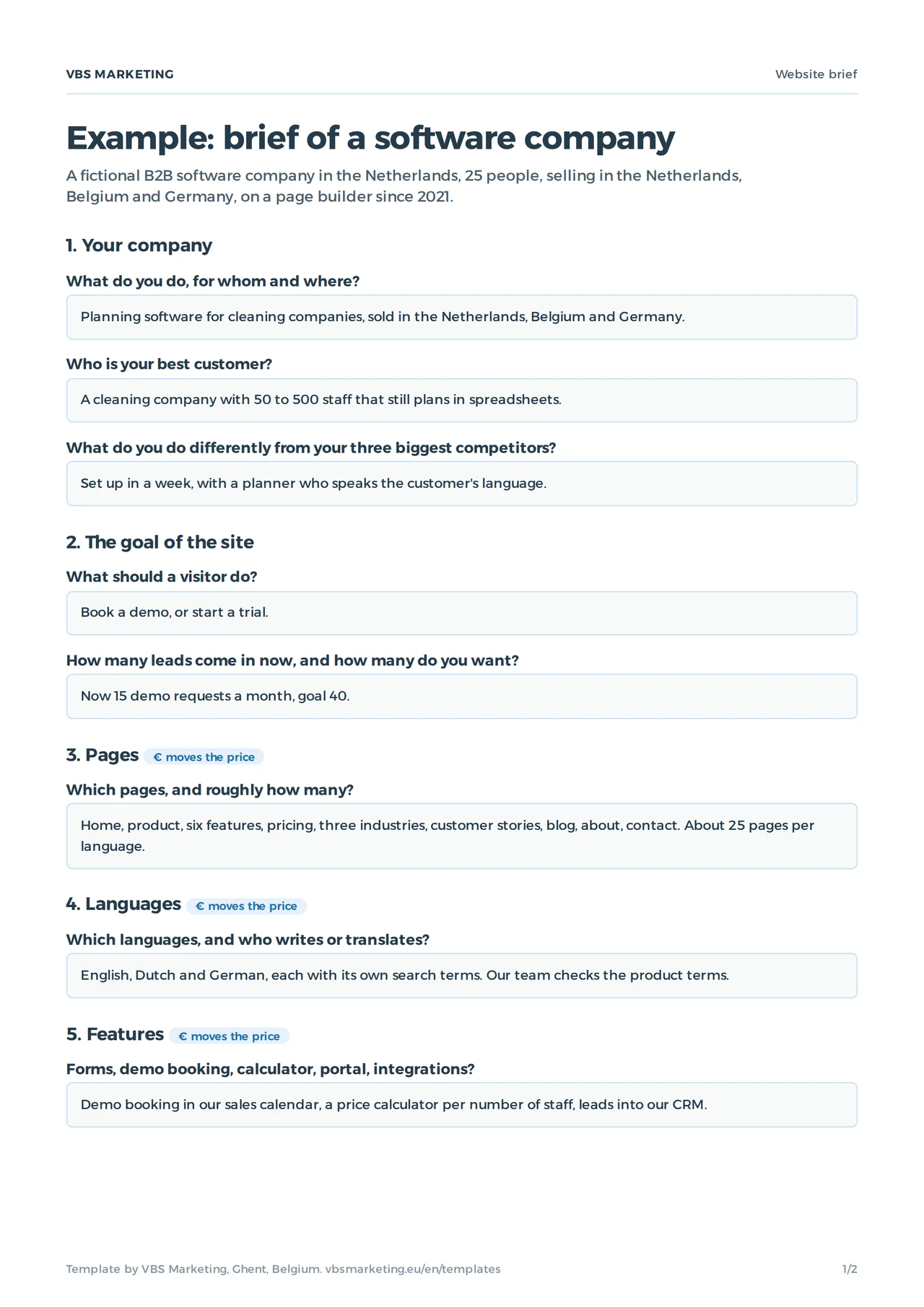The filled-in website brief of a fictional B2B software company: questions and answers on the company, the goal, pages, languages and features