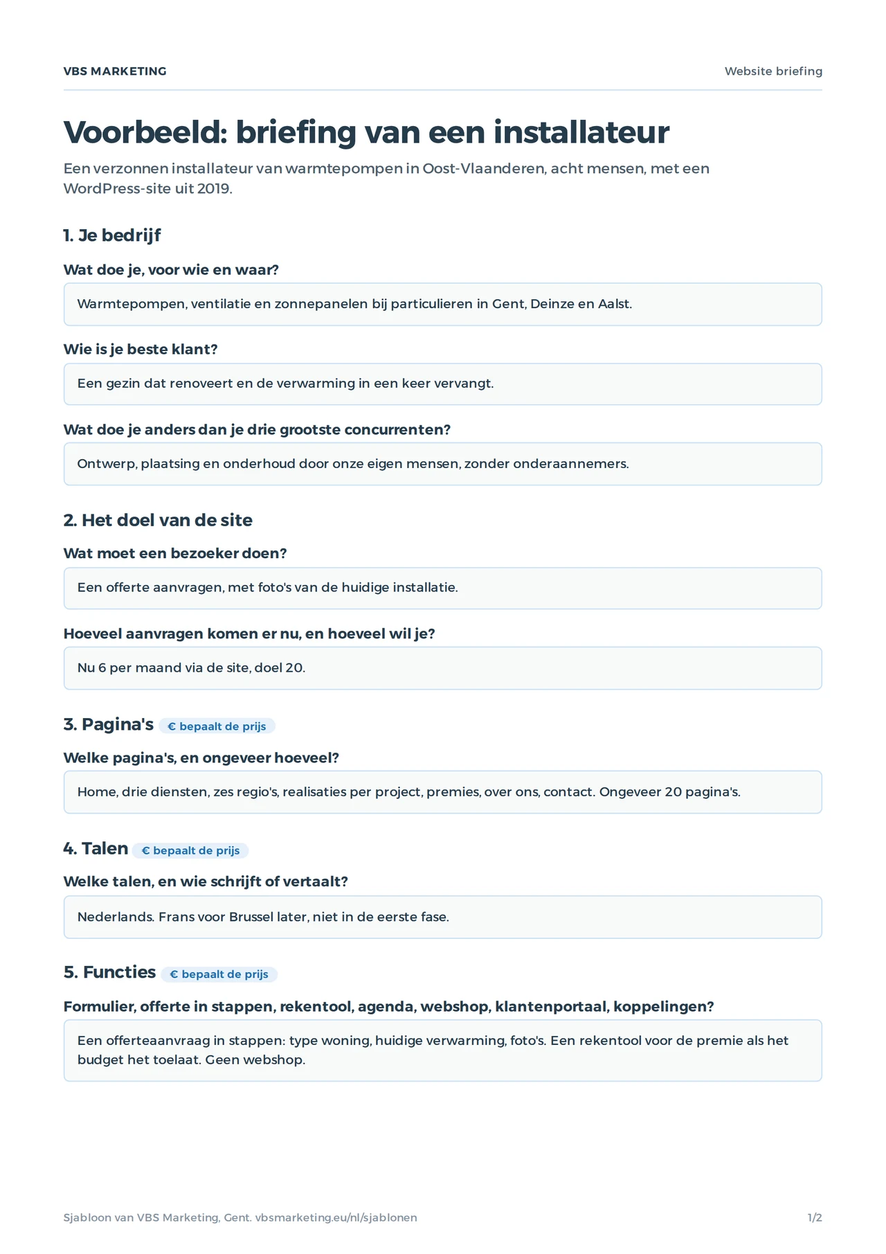 De ingevulde website briefing van een verzonnen installateur van warmtepompen: vragen en antwoorden over het bedrijf, het doel, de pagina's, talen en functies