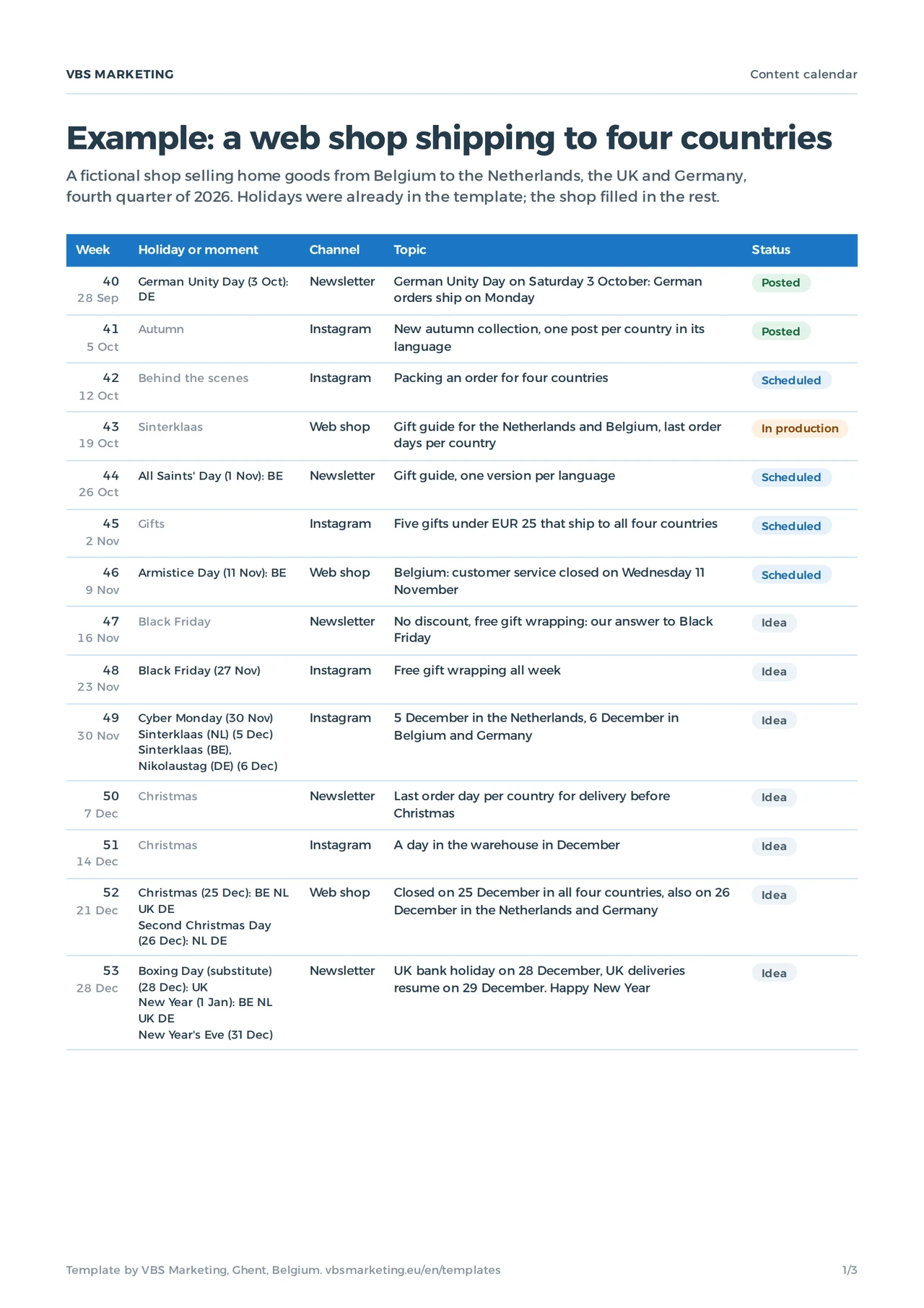 The filled-in content calendar of a fictional web shop shipping to four countries: weeks 40 to 53 of 2026 with the holidays per country, the channel, the topic and the status
