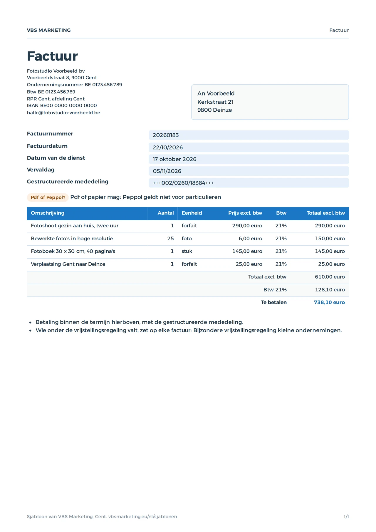 Het ingevulde factuur voorbeeld: een fotostudio uit Gent factureert een particulier, vier lijnen aan 21 procent btw, 738,10 euro te betalen, met gestructureerde mededeling en de melding dat een pdf mag