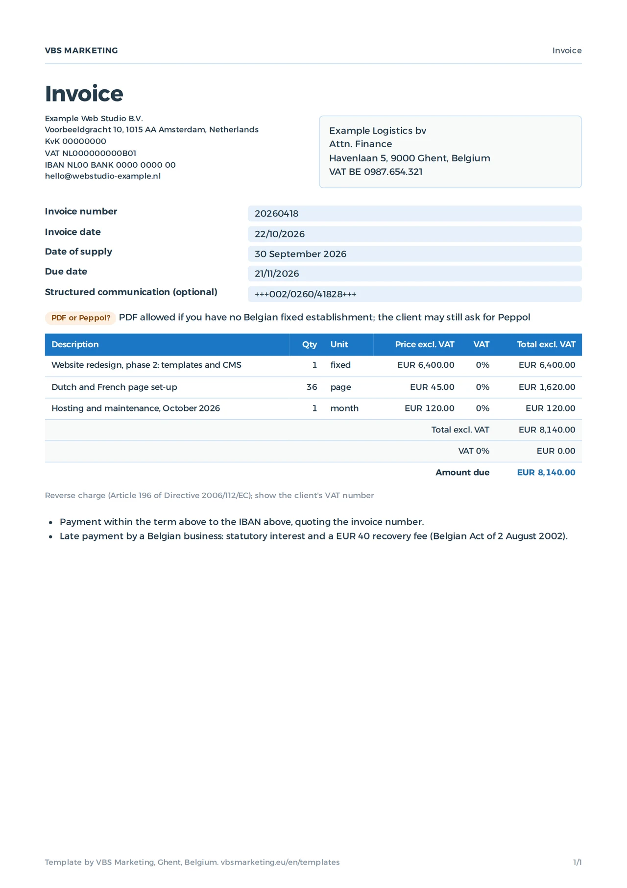 The filled-in invoice example: a Dutch web studio invoices a logistics company in Ghent, three lines at 0% VAT with the reverse charge note, EUR 8,140 due