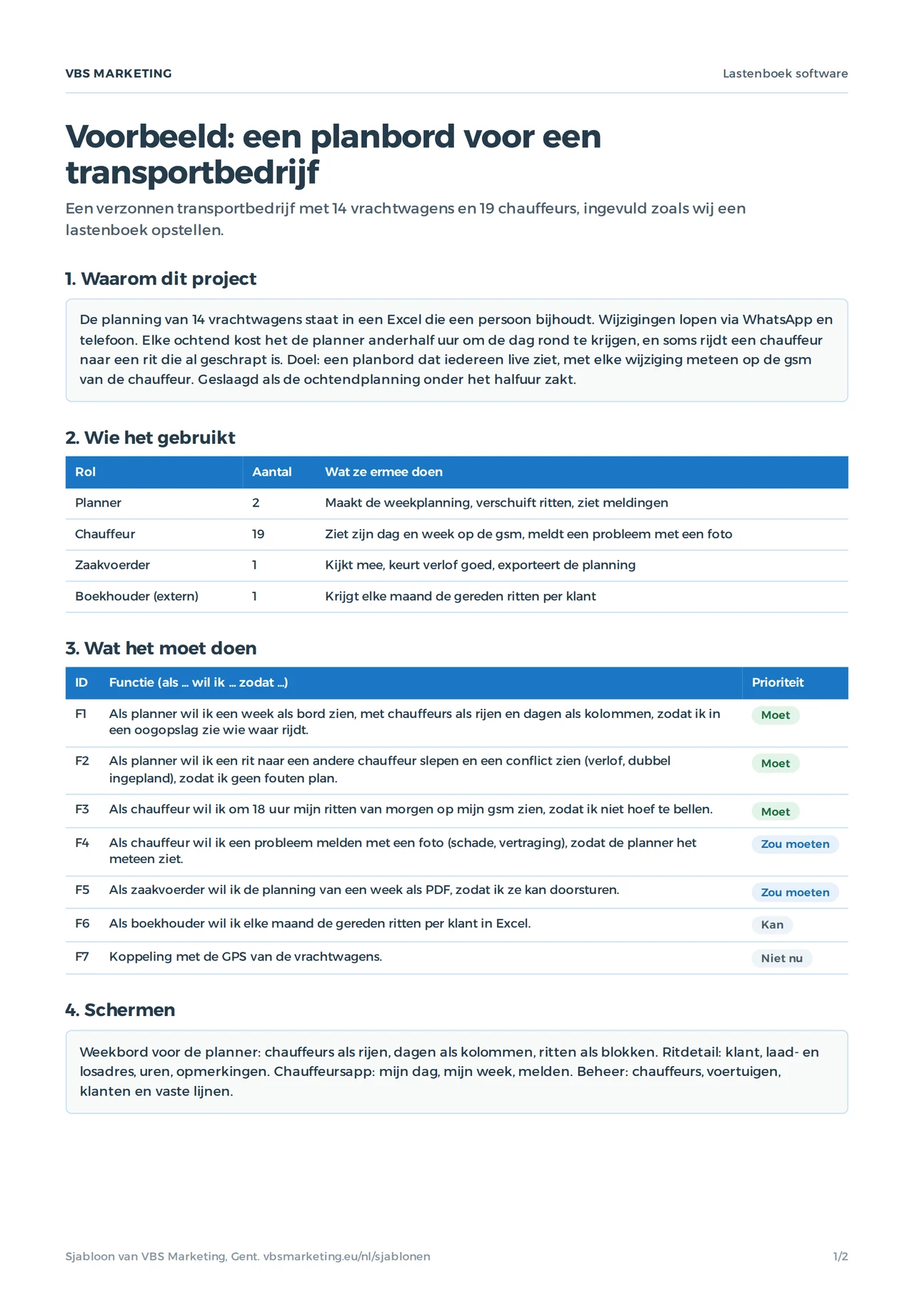 Het ingevulde voorbeeld van het lastenboek software: een planbord voor een transportbedrijf, met het waarom, de rollen en zeven functies met hun prioriteit