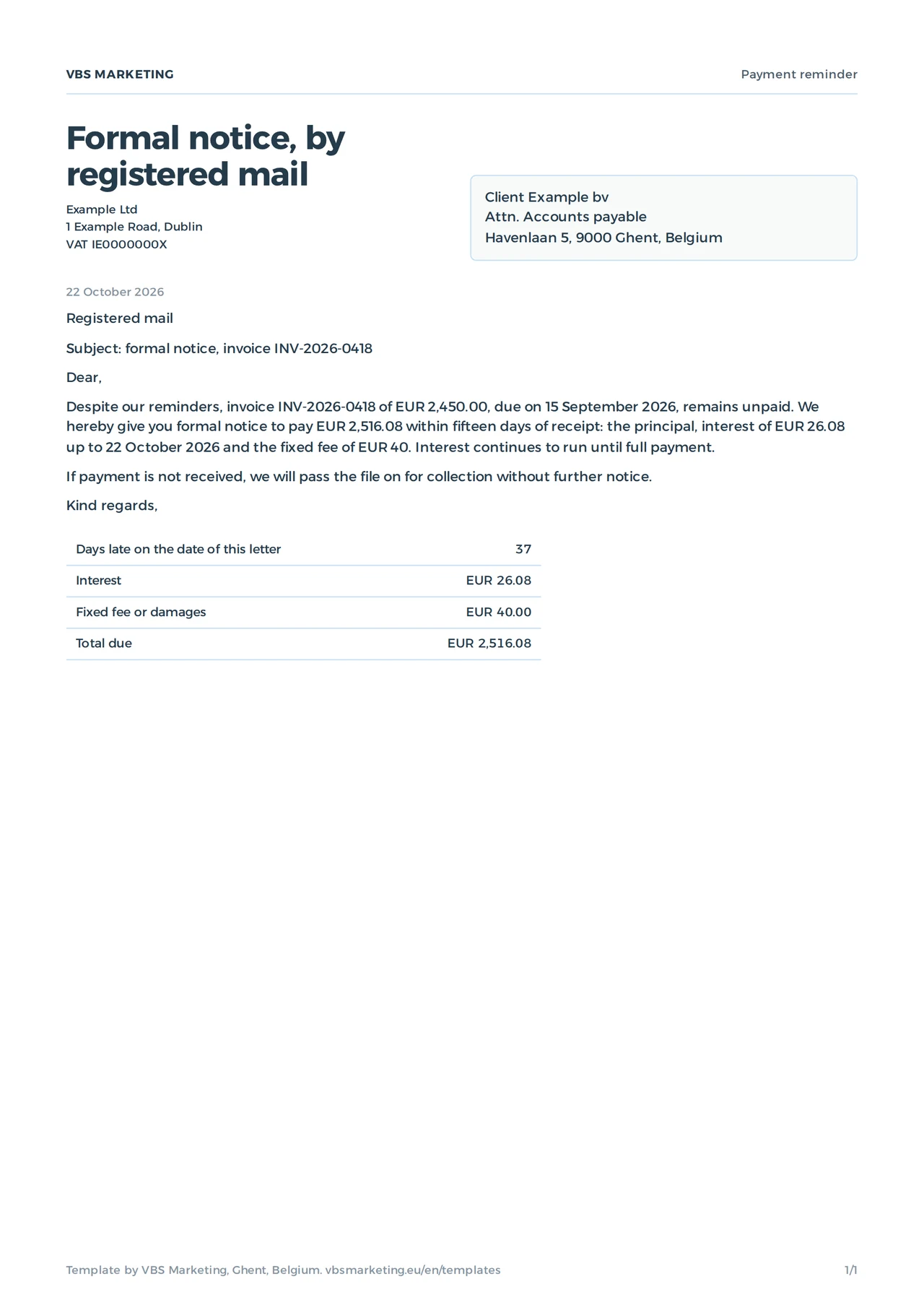 A filled-in formal notice from the payment reminder template: an invoice of EUR 2,450, 37 days late, EUR 26.08 interest and the EUR 40 fixed fee, EUR 2,516.08 due