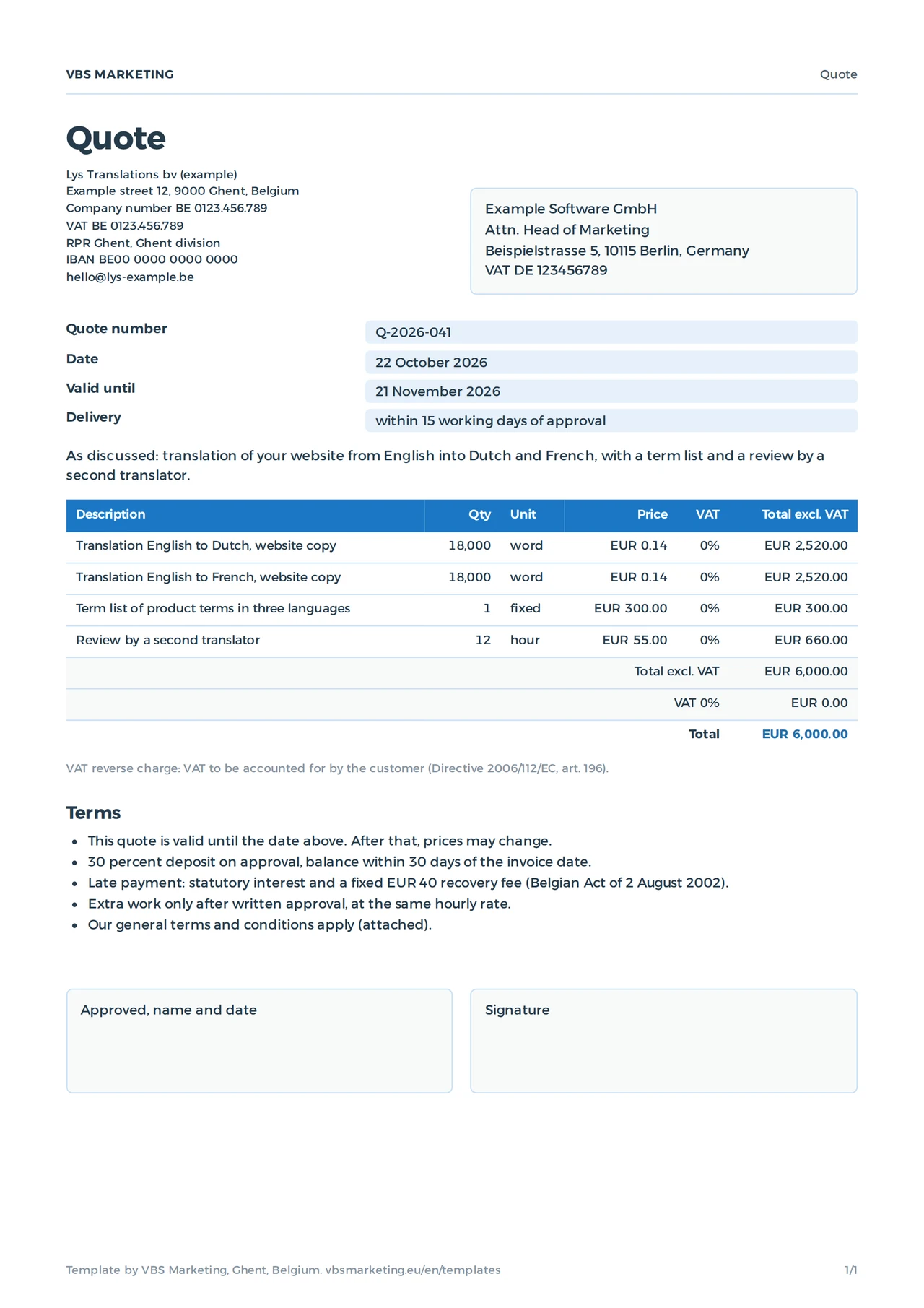 The filled-in quote example: a translation agency in Ghent quoting a German company, four lines, VAT reverse charge and a total of EUR 6,000