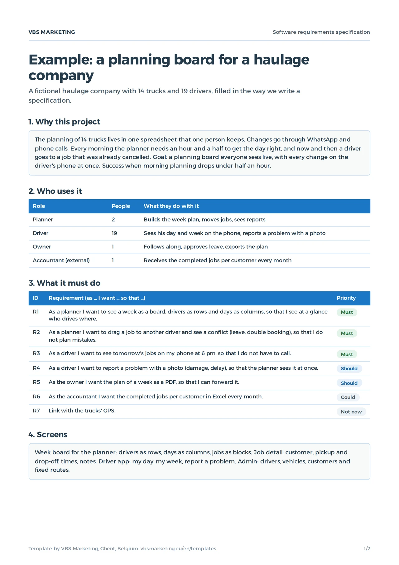 The filled-in software requirements specification of a planning board for a haulage company: the why, the roles and seven requirements with their priority