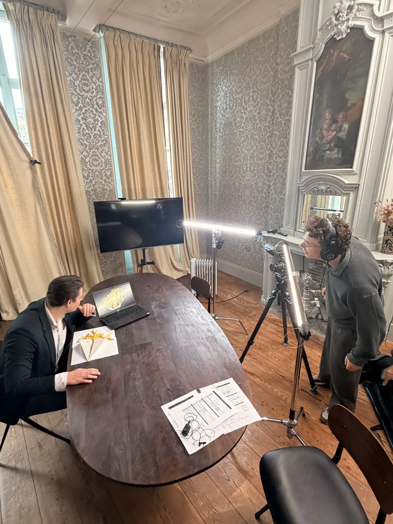 A shoot on the VBS set, with camera and lights
