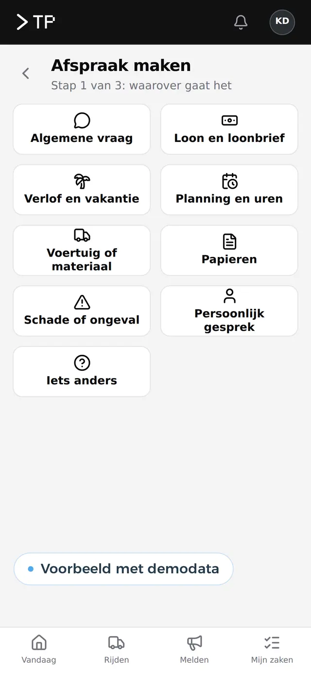 Een menu met aanvragen: verlof, onkosten, papieren, schade, voorbeeld met demodata