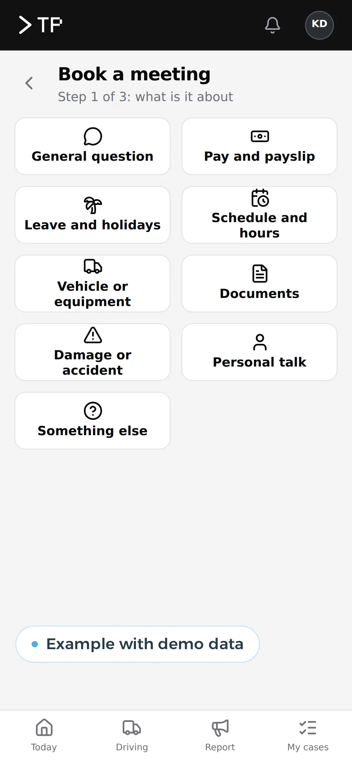 Starting a request in the app: first you choose what it is about, from large buttons, example with demo data