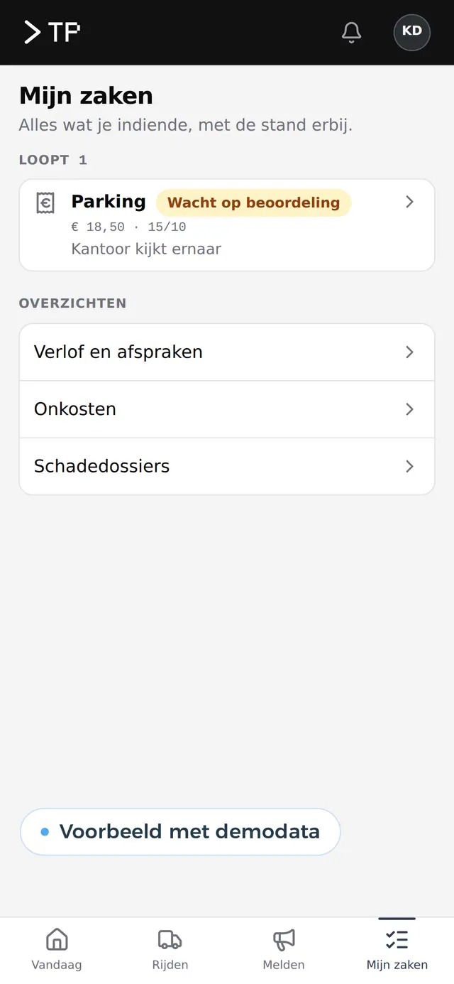 De eigen aanvragen van een chauffeur met hun status in de app, voorbeeld met demodata