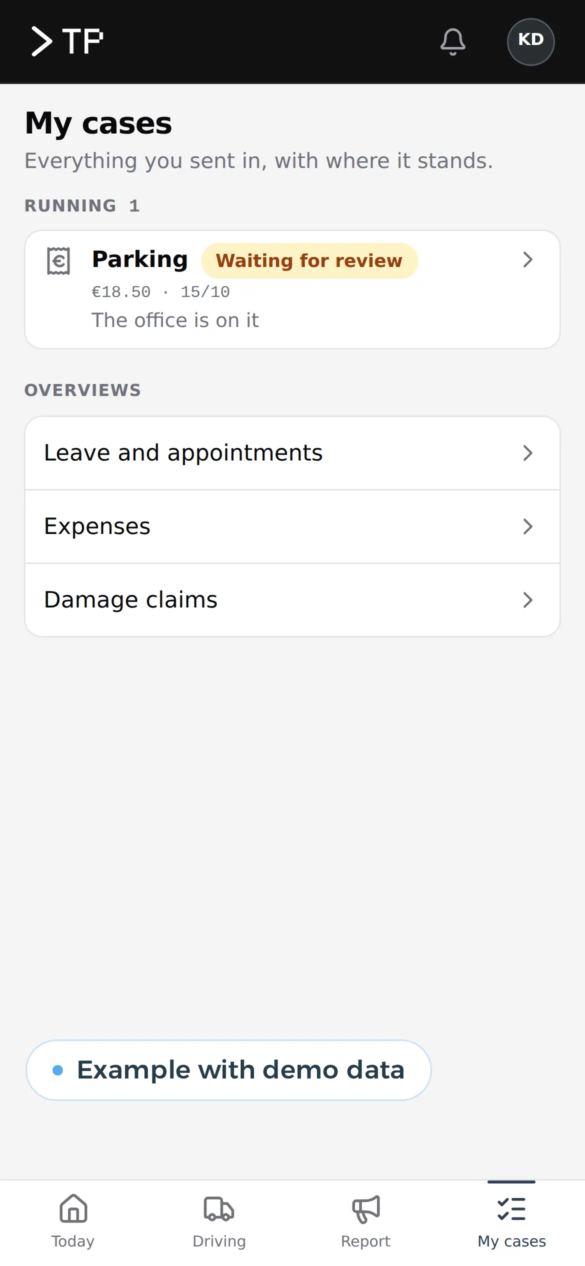 A driver's own requests and their status in the app, example with demo data