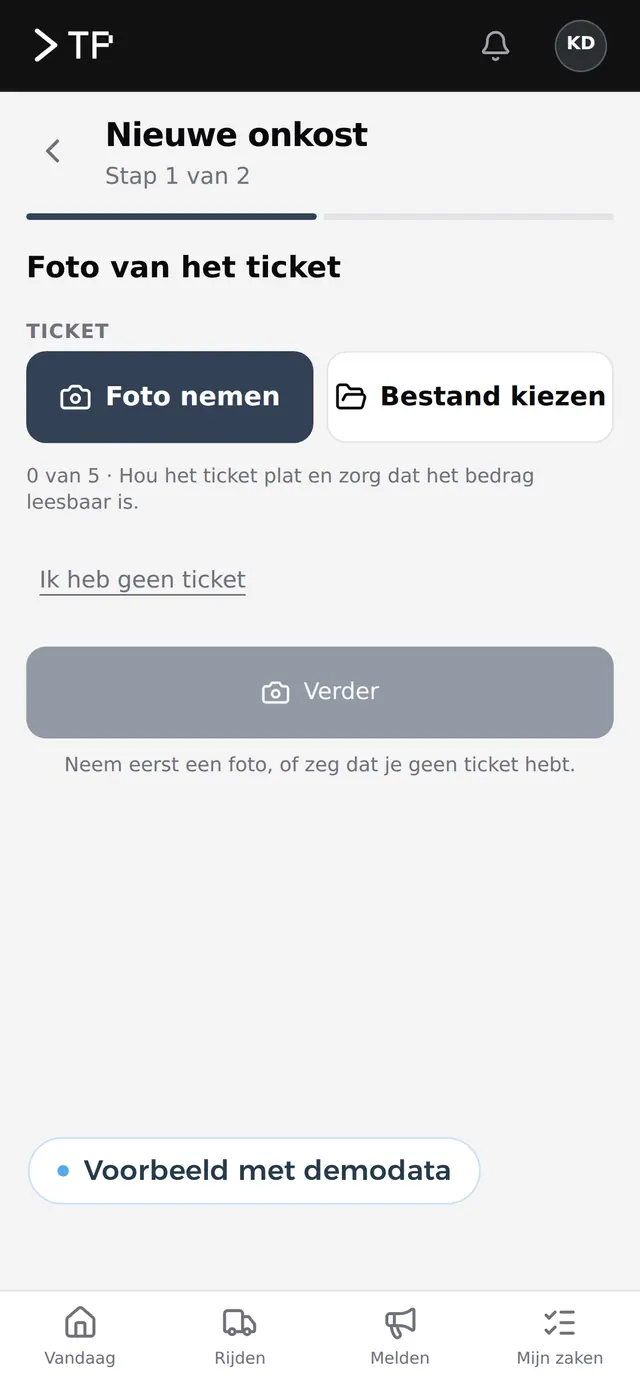 Een foto van een ticket nemen of een bestand kiezen, voorbeeld met demodata