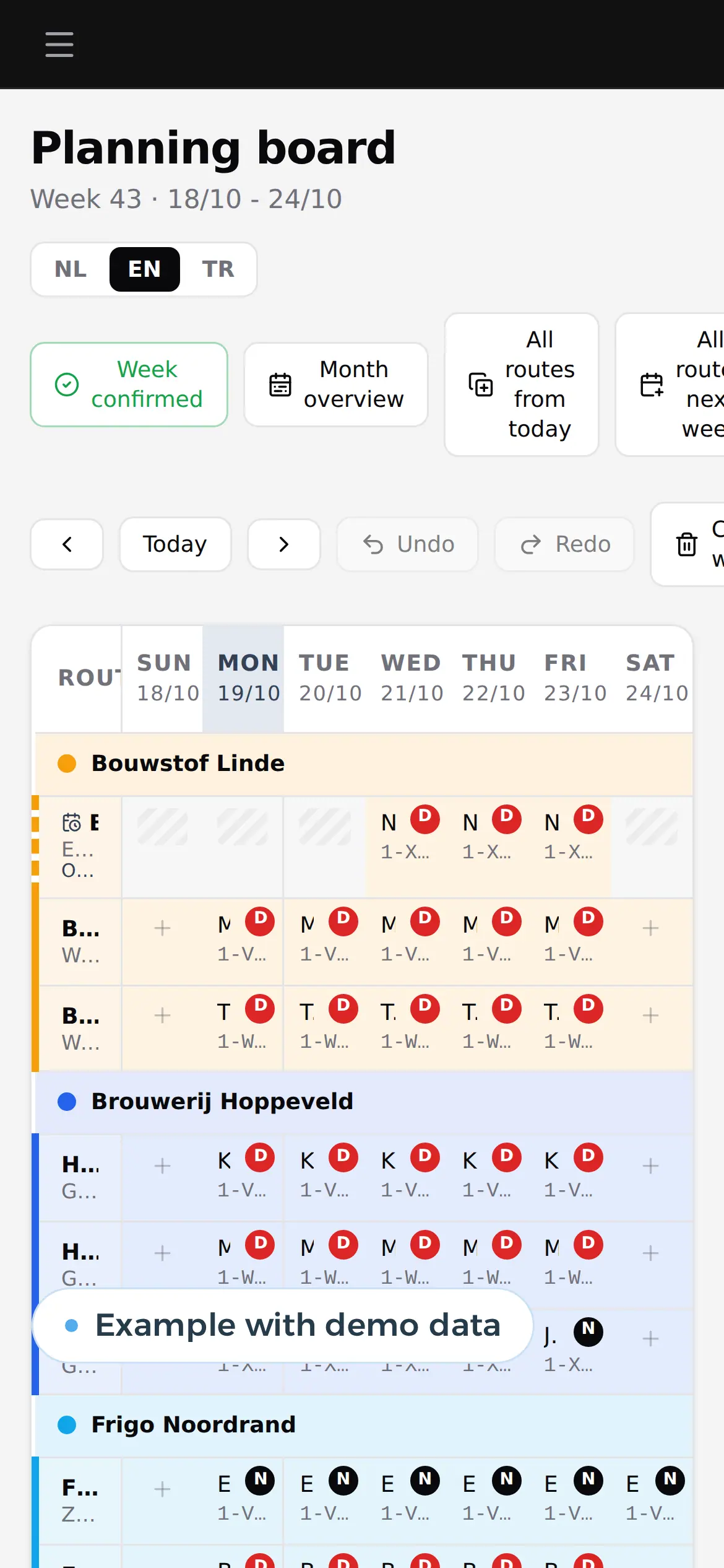 The weekly plan in the app, day by day with the job, example with demo data