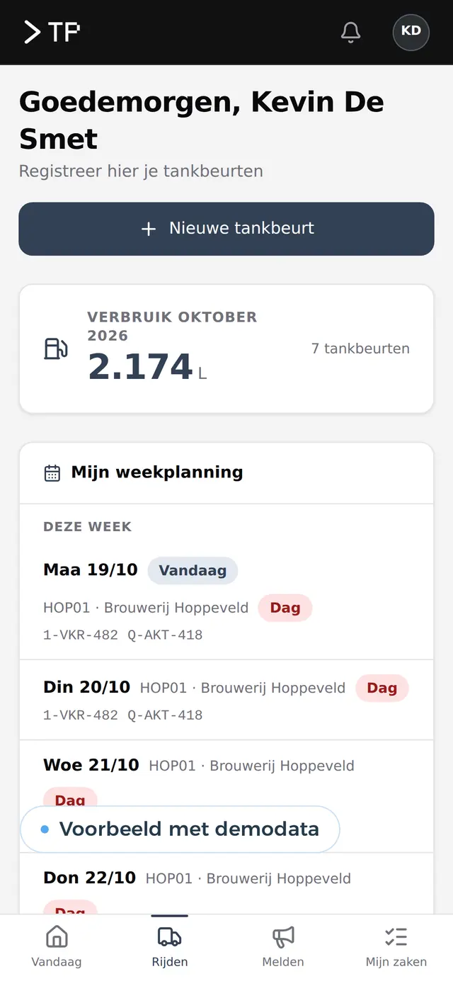 De weekplanning van een chauffeur op zijn telefoon, voorbeeld met demodata