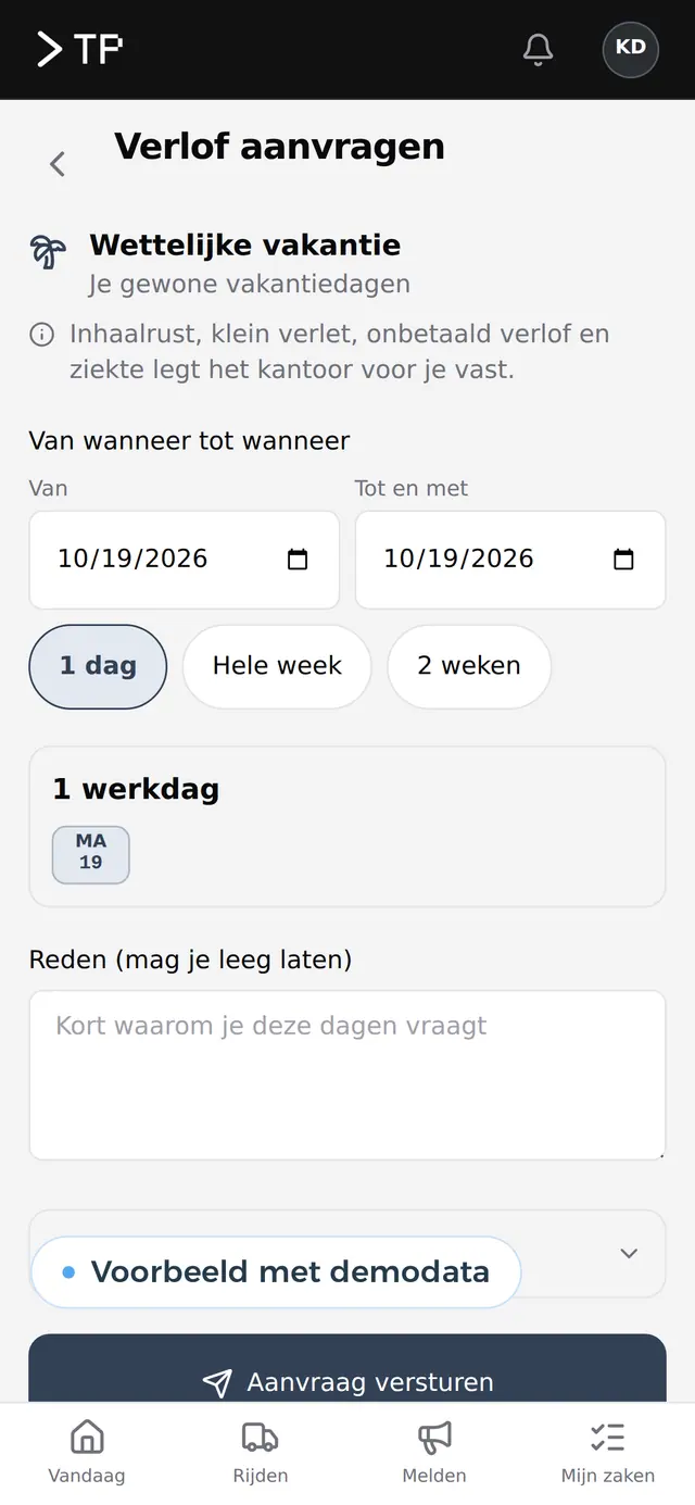 Verlof aanvragen in de app, met de dagen en een reden, voorbeeld met demodata