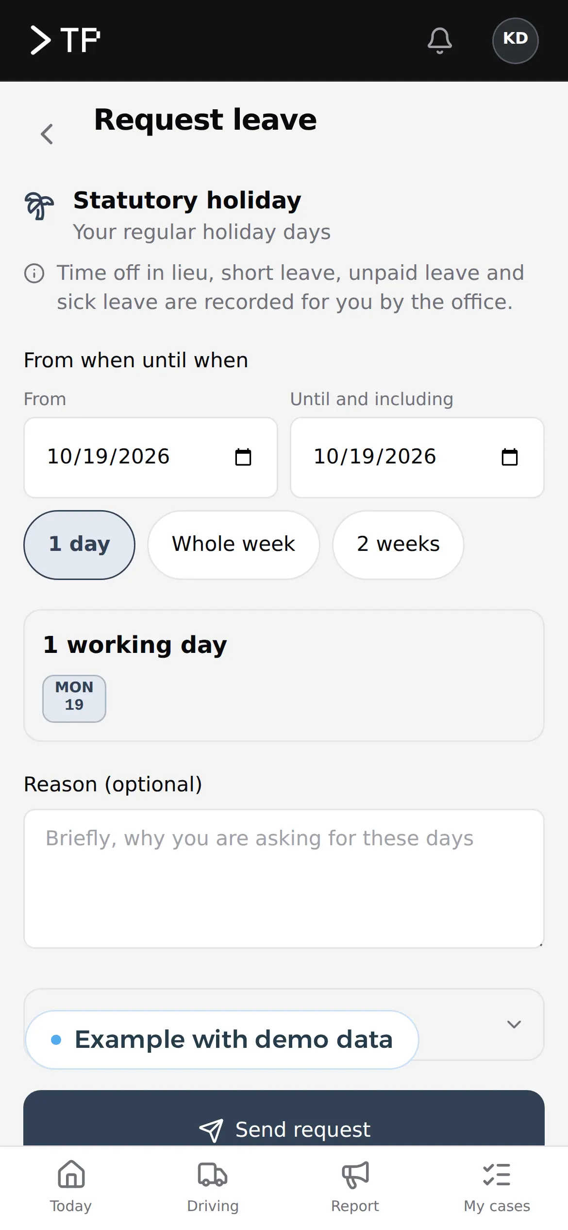 Requesting leave in the app: statutory holiday, from and to, example with demo data