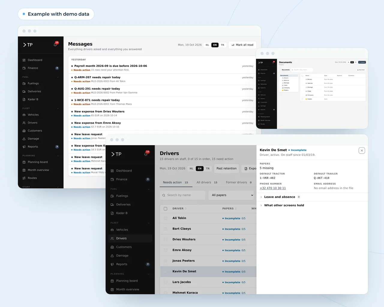Custom ERP development: driver reports, documents per topic and a staff file, three modules of the same platform, example with demo data