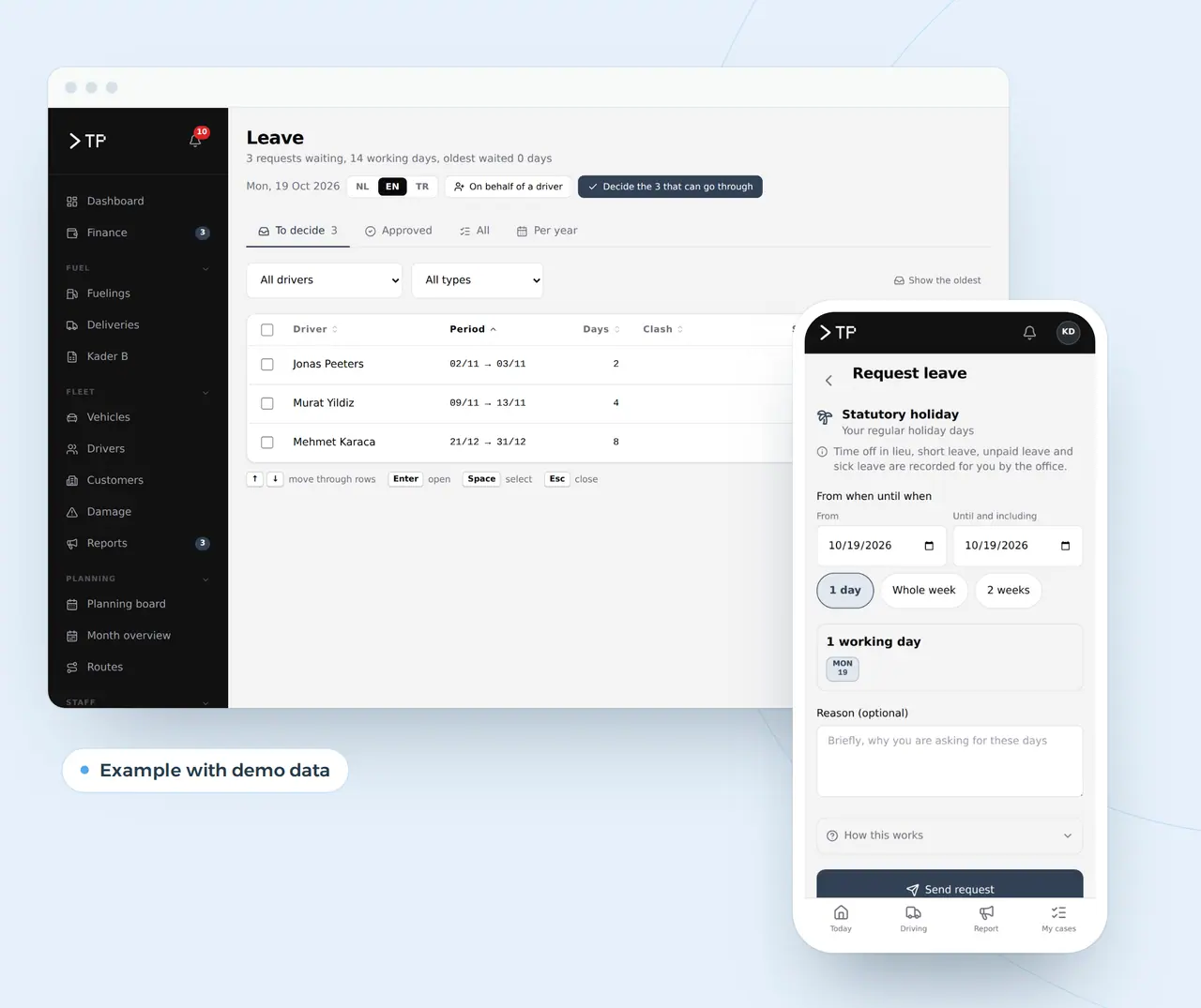 Custom scheduling software: leave requests waiting in the office, and the same request in a driver's app, example with demo data