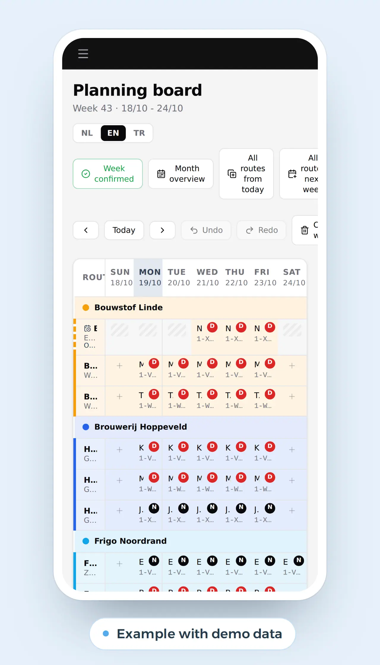 Construction scheduling software: a planning board on a phone with a row per job and a box per day, example with demo data