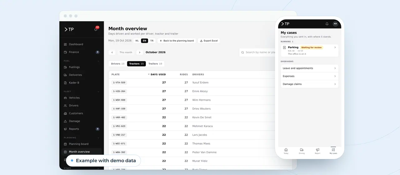 Custom time tracking software: a monthly overview of days and trips per tractor unit, and a driver's weekly plan on his phone, example with demo data