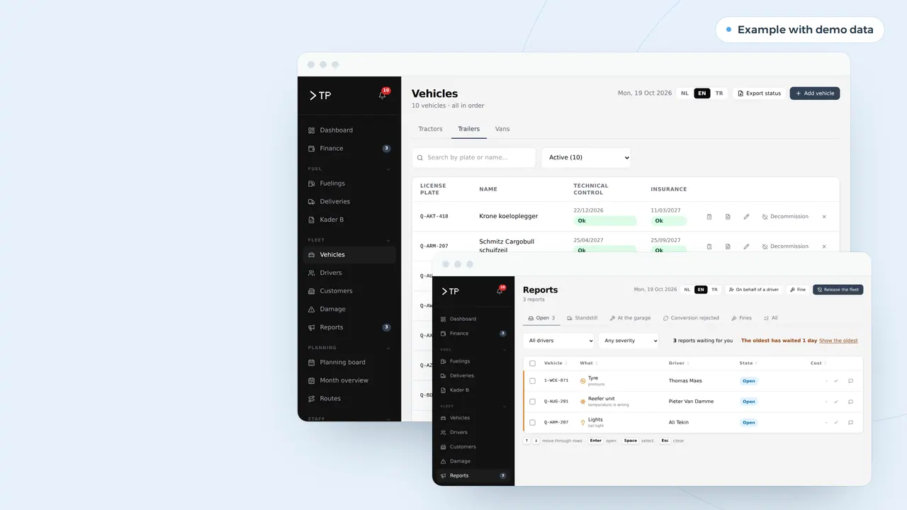 Fleet management software: the list of trailers with inspection and insurance dates, next to driver reports, example with demo data