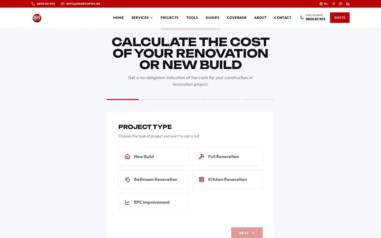 The cost calculator on SN Group's site: choose the type of project, from new build to kitchen renovation