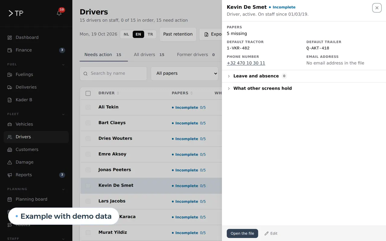 A driver's staff file with his papers, leave and absences, example with demo data