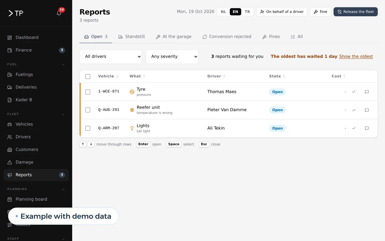 Driver reports about their vehicle, with who follows them up, example with demo data