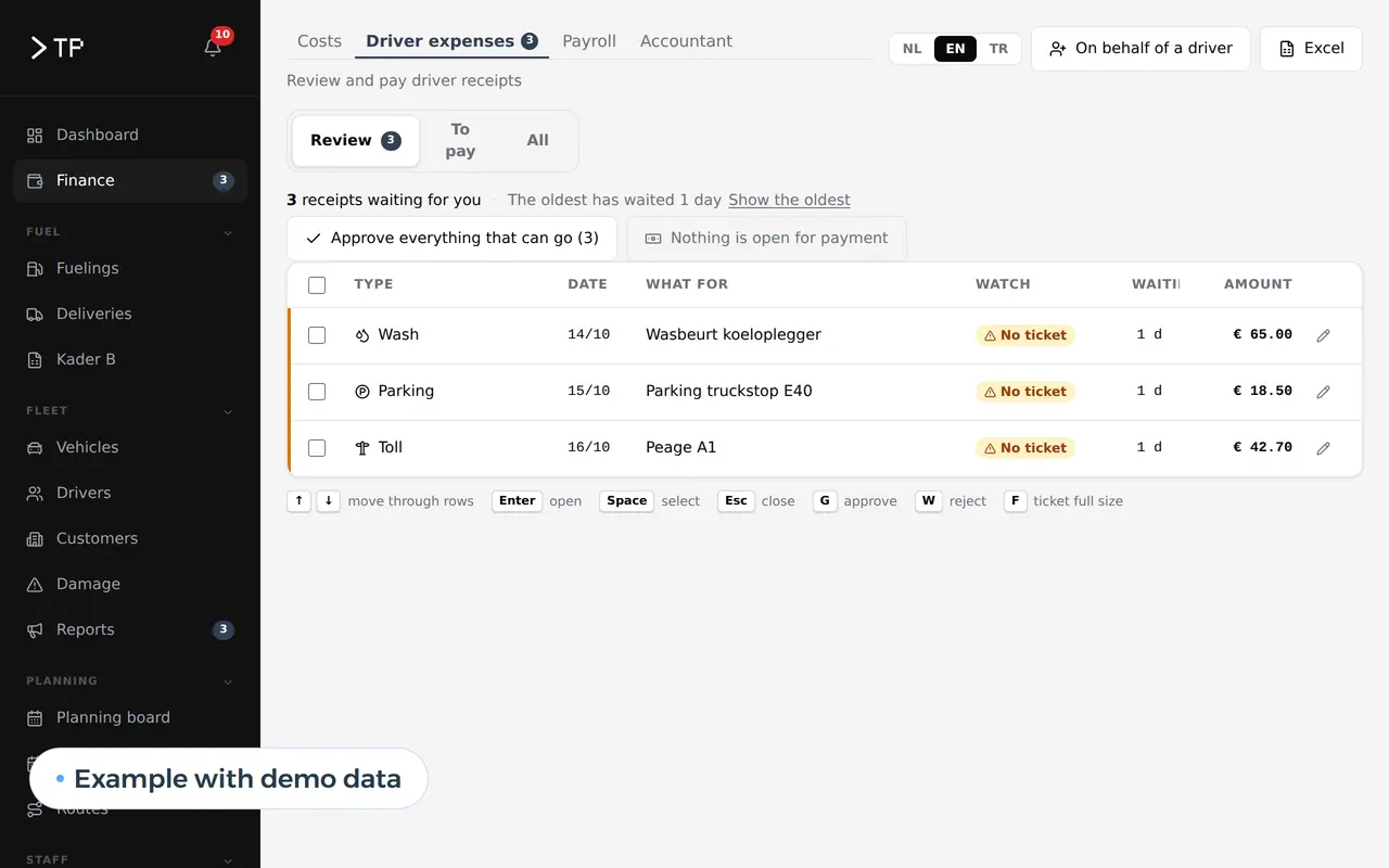 Driver expenses waiting for review in the DA Logistics platform, example with demo data