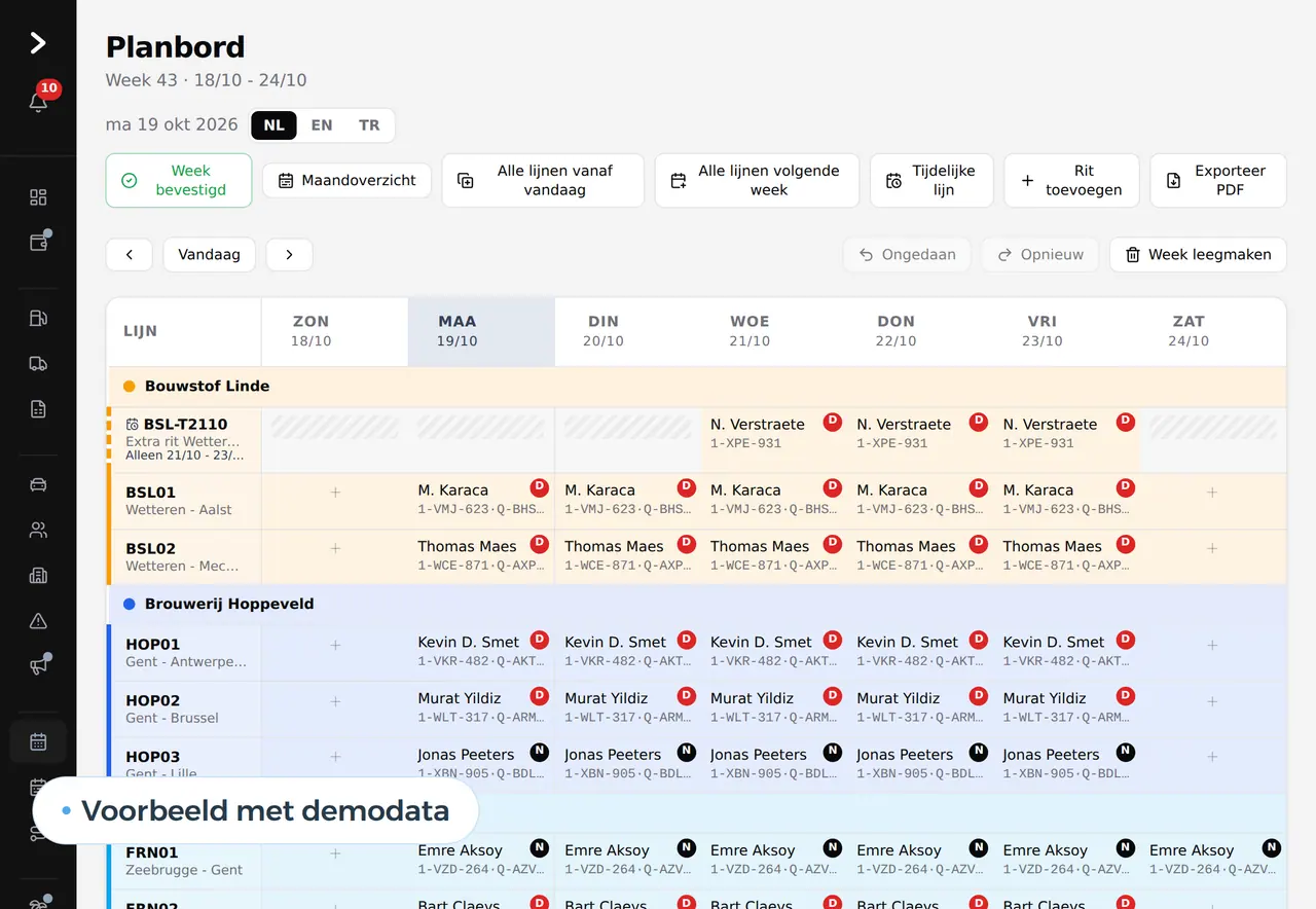 Het planbord van week 43 met lijnen per klant en een chauffeur per dag, voorbeeld met demodata