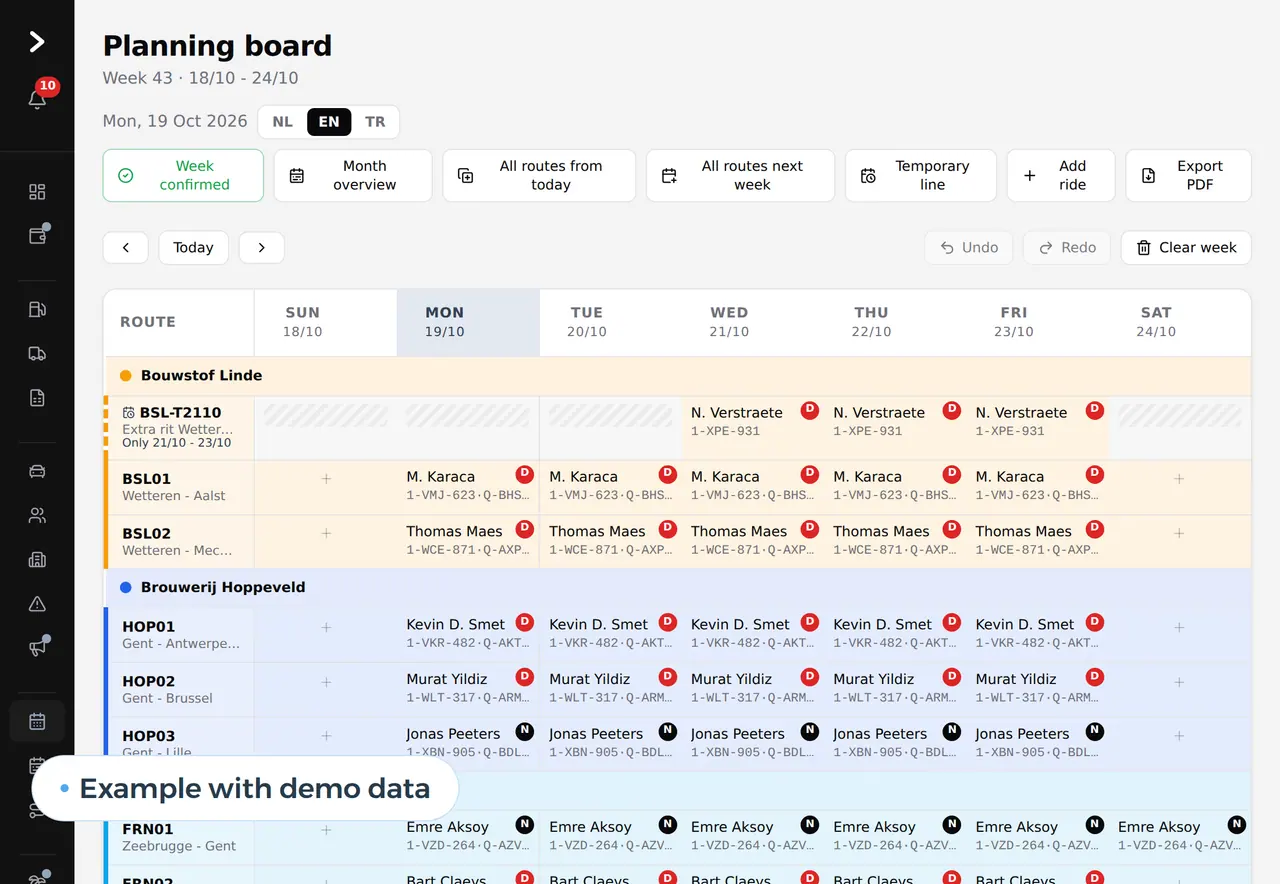 The planning board of week 43 with a driver per lane and day, example with demo data