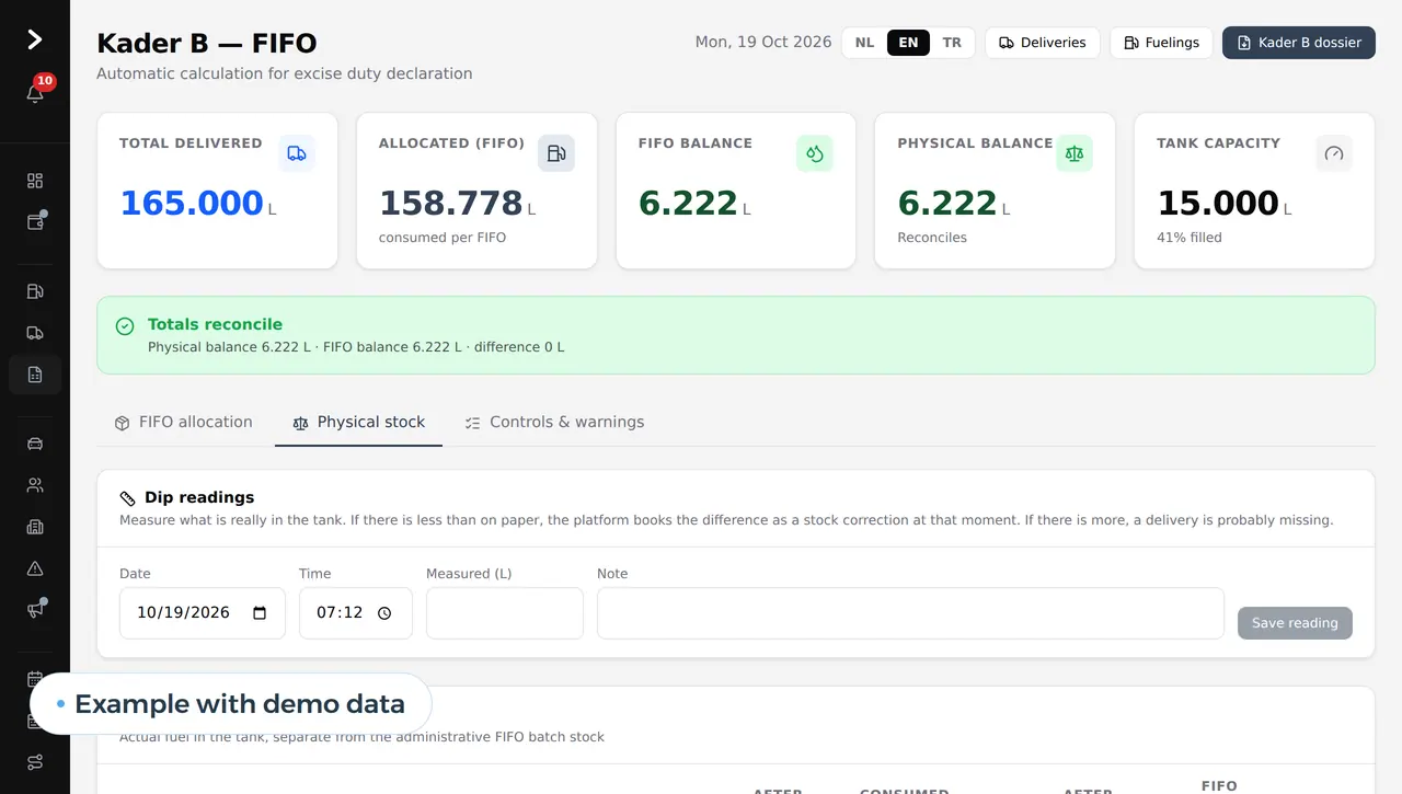 The fuel stock screen of the transport platform with delivered, allocated and balance. Example with demo data.