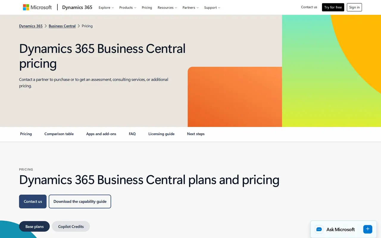 Odoo alternatives: the pricing page of Microsoft Dynamics 365 Business Central, one of the ERPs a company outgrowing Odoo looks at